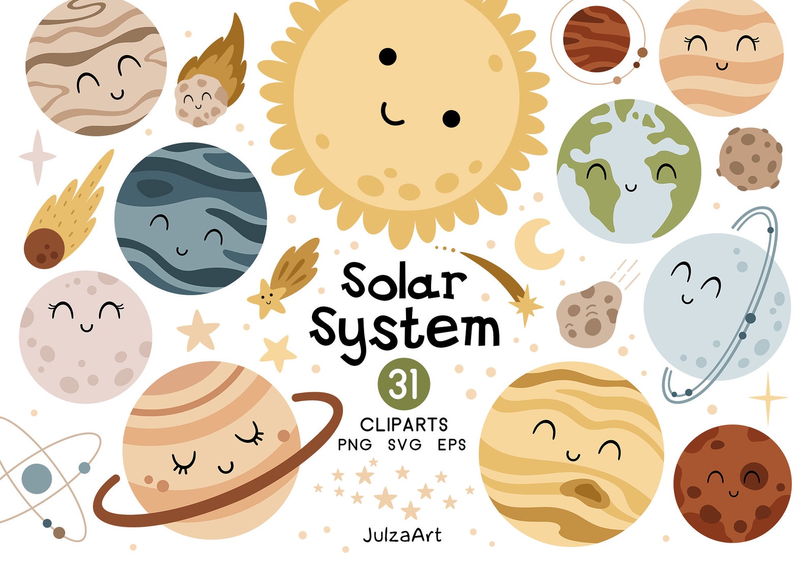 Kawaii Solar System Clipart: Boho Planets SVG, Outer Space PNG ...