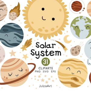 Sistema solar svg, clipart de planetas kawaii, svg de planetas, png del espacio exterior, svg celestial, baby shower boho, descarga digital, uso comercial
