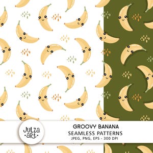 Wzór groovy banana Wzór retro banana bez szwu Uroczy bananowy papier cyfrowy Wzór owoców tropikalnych Letnie nadruki Pobieranie cyfrowe