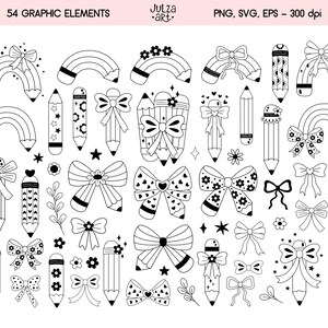Op de afbeelding: Zwart-witte grafische elementen, waaronder potloden, strikken en regenbogen. De tekst "54 GRAPHIC ELEMENTS" is zichtbaar. PNG-, SVG- en EPS-bestanden, 300 dpi.