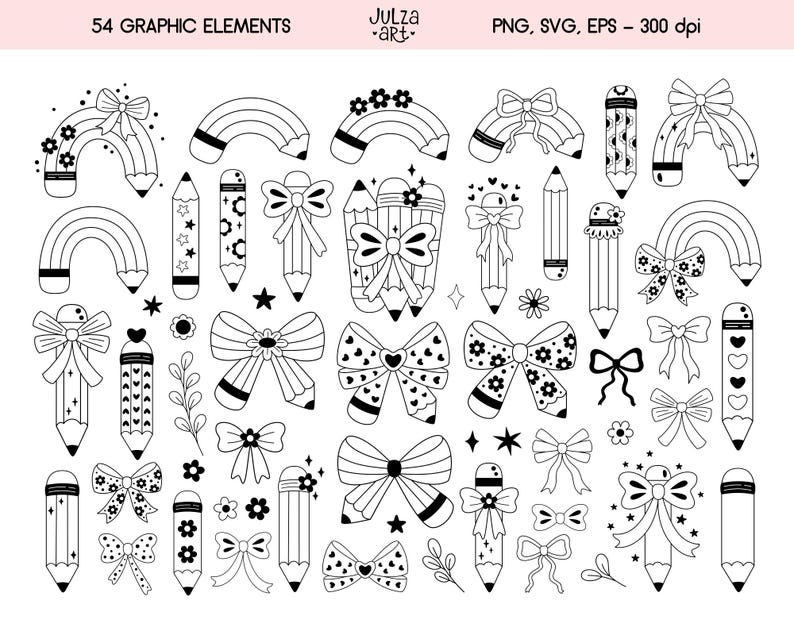 Op de afbeelding: Zwart-witte grafische elementen, waaronder potloden, strikken en regenbogen. De tekst "54 GRAPHIC ELEMENTS" is zichtbaar. PNG-, SVG- en EPS-bestanden, 300 dpi.