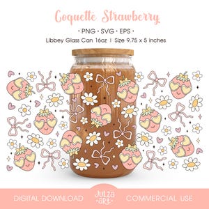 Coquette Strawberry Bows 16oz Libbey Glass Can Wrap PNG Groovy Strawberry Glass Can SVG Trendy Summer Cup Wrap Coquette Coffee Glass Wrap