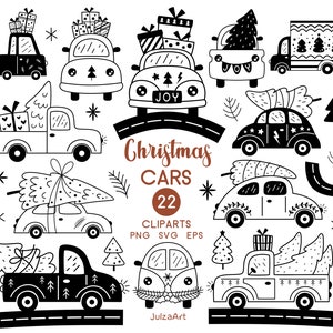 Clipart di Natale Auto di Natale svg Camion di Natale retrò svg Camion di Natale in bianco e nero png Download digitale Uso commerciale