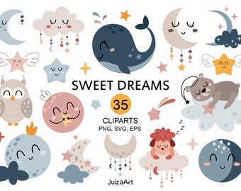 Celestial svg, Moon svg, Star svg, Sweet dreams clipart, Boho baby, Sleeping animals png, Baby shower, Digital download, Commercial use