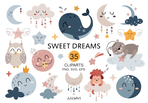 Celestial svg, Moon svg, Star svg, Sweet dreams clipart, Boho baby, Sleeping animals png, Baby shower, Digital download, Commercial use