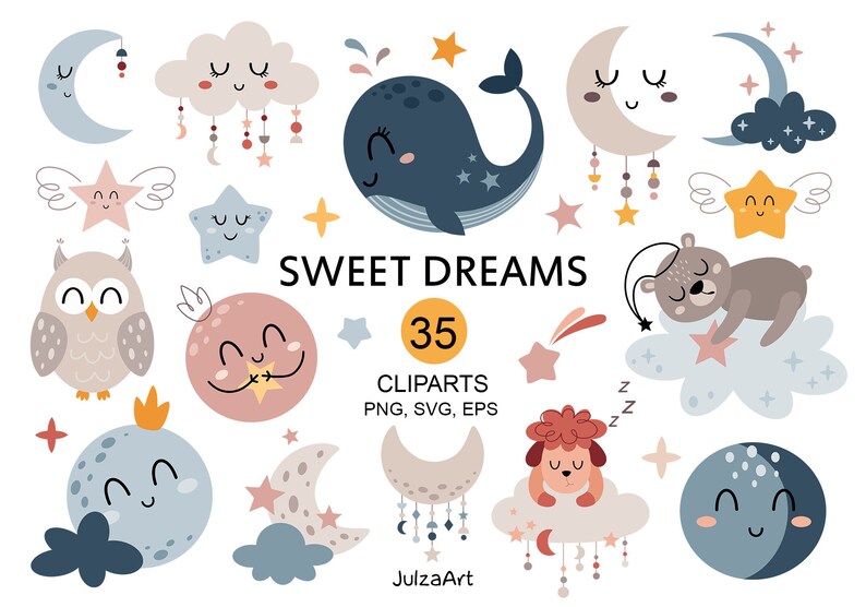 Celestial svg, Moon svg, Star svg, Sweet dreams clipart, Boho baby, Sleeping animals png, Baby shower, Digital download, Commercial use image 1