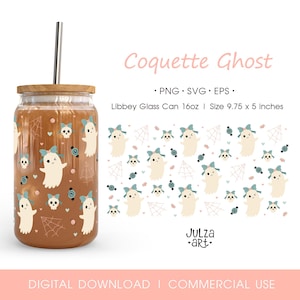 Coquette Halloween Ghost 16oz Libbey Glass Can Wrap PNG SVG Cute Halloween Cup Wrap Kawaii Spooky Season Creepy Scary Horror Tumbler Design