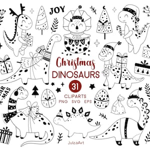 Clipart di Natale dei dinosauri, svg di Natale, png di Buon Natale, svg di dinosauri in bianco e nero, download digitale, uso commerciale