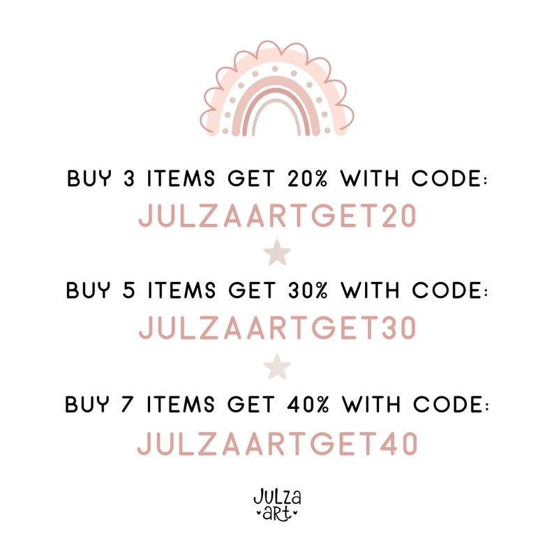 Op de afbeelding: Witte achtergrond met tekst en een decoratieve regenboogillustratie. De tekst luidt: Koop 3 items en krijg 20% met code JULZAARTGET20, Koop 5 items en krijg 30% met code JULZAARTGET30 en Koop 7 items en krijg 40% met code JULZAARTGET40.