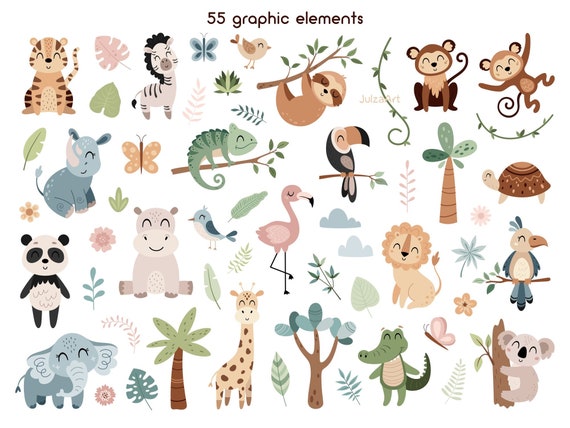 Vector set of cute jungle animals and plants. Tropical animals PNG clipart.  Elements for stickers, cards, invitations and posters.