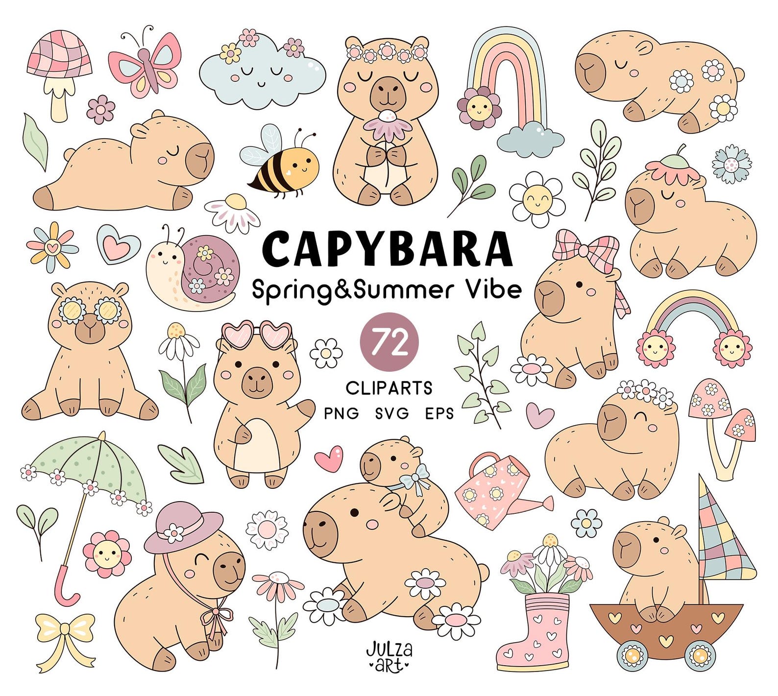 Spring Capybara Printable Kawaii Capybara Clipart Set, Spring Capybara Png, Groovy Summer Svg ...