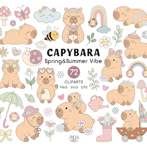 Könnte beinhalten: Eine Sammlung von 72 digitalen Cliparts mit Capybaras in verschiedenen Posen und sommerlichen Umgebungen. Die Illustrationen umfassen Blumen, Regenbogen und andere sommerliche Elemente. Der Text "CAPYBARA Spring & Summer Vibe" ist ebenfalls enthalten.