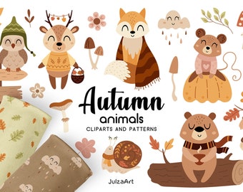 Boho Autumn Clipart & Seamless Pattern: Fall Woodland Animals, Mushrooms, Plants, Leaves - PNG, SVG, EPS