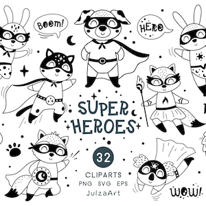 Superheld, Tier Superheld Clipart, schwarz-weiße Waldtiere svg, Superhelden Geburtstag png, digitaler Download, kommerzielle Nutzung