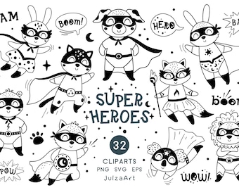 Superheld, Tier Superheld Clipart, schwarz-weiße Waldtiere svg, Superhelden Geburtstag png, digitaler Download, kommerzielle Nutzung