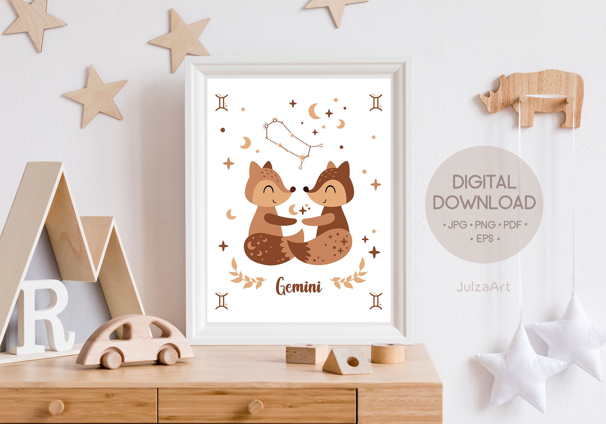 Gemini Zodiac Poster Printable: Boho Star Sign Print, Zodiac Baby ...