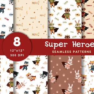 Superheld Nahtloses Muster, Tier-Superheld-Digitalpapier, Superhelden-Geburtstagskinddruck, Babyparty, digitaler Download, kommerzielle Nutzung
