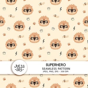 Padrão de super-herói Padrão sem emenda de super-herói animal Impressão de super-herói Padrão animal Padrão de leão Papel digital para bebê menino Download digital