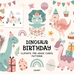 Clipart de cumpleaños de dinosaurio, dinosaurio svg, feliz cumpleaños patrón sin costuras, cumpleaños de niña svg, baby shower, descarga digital, uso comercial