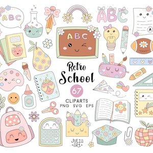 Clipart escolar Groovy Retro Volta às aulas svg Pastel escola png Professor Groovy png Material escolar Clipart educacional Desenhos de sublimação