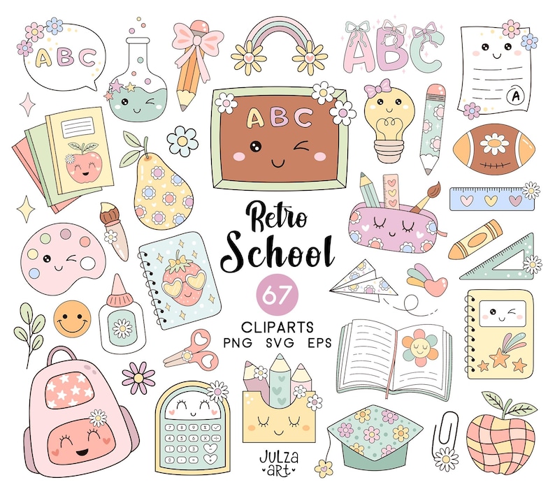 May include: A collection of 67 retro school-themed cliparts in pastel colors. The image includes a variety of school supplies such as notebooks, pencils, a calculator, a backpack, and an apple, all with cute, smiling faces. The words "Retro School" are displayed.