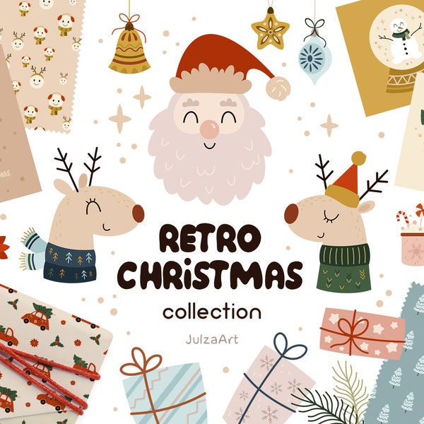 Retro Christmas clipart, Vintage Christmas svg, Christmas seamless pattern, Advent calendar, Winter print, Digital download, Commercial use