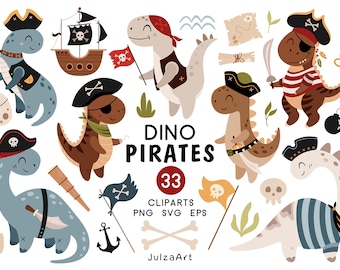 May include: A set of 33 digital clipart images featuring cute cartoon dinosaurs dressed as pirates. The dinosaurs are in various poses and include a pirate ship, treasure chest, sword, and other pirate-themed items. The text "Dino Pirates 33 Cliparts PNG SVG EPS JulzaArt" is included in the image.