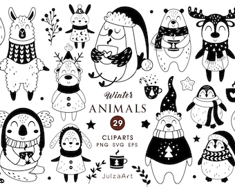 Winter animals svg, Black and white animals clipart, Christmas svg, Winter clipart, Baby shower, Digital download, Commercial Use