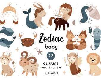 Zodiac baby clipart, Zodiac sign svg, Cute kids horoscope for baby shower, Bohemian child astrology, Digital download, Commercial use