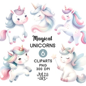 Watercolor Unicorn Clipart: Kawaii Unicorn PNG, Whimsical Animal, Baby Shower Print, Magical (Digital Download)