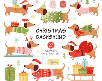 May include: A collection of 27 Christmas-themed dachshund clipart images. The illustrations feature brown dachshunds wearing festive outfits, including Santa hats, sweaters, and carrying gifts. The text "Christmas Dachshund" is displayed in the center.