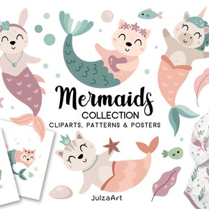 Clipart sirena, Sirenetta svg, Modello senza cuciture sirena, Sirena carina png, Stampe per bambini nautici, Download digitale, Uso commerciale