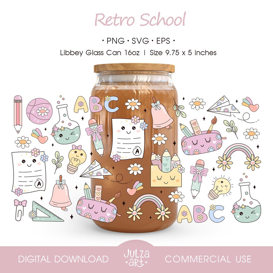 Groovy School 16oz Libbey Glass Can Wrap PNG Retro Back to School Cup ...
