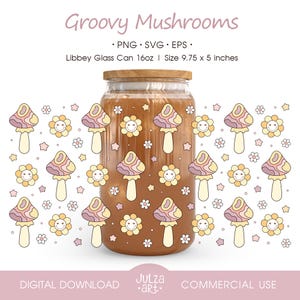 Enveloppe de verre aux champignons groovy PNG, clipart Libby Wrap aux champignons cottagecore SVG, design d'emballage floral rétro, gobelet d'été Libbey png