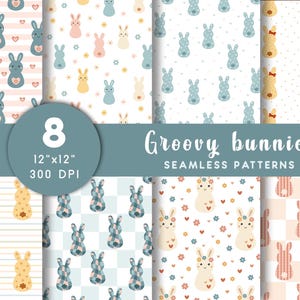 Groovy Bunny Seamless Pattern: Retro Easter Digital Paper, Rabbit Background, Spring (Digital Download)
