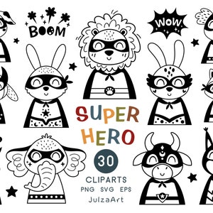 Superhero svg, Tier Superheld Clipart, süße Tiere svg, Schwarz-Weiß-Superheld png, Babyparty, digitaler Download, kommerzielle Nutzung