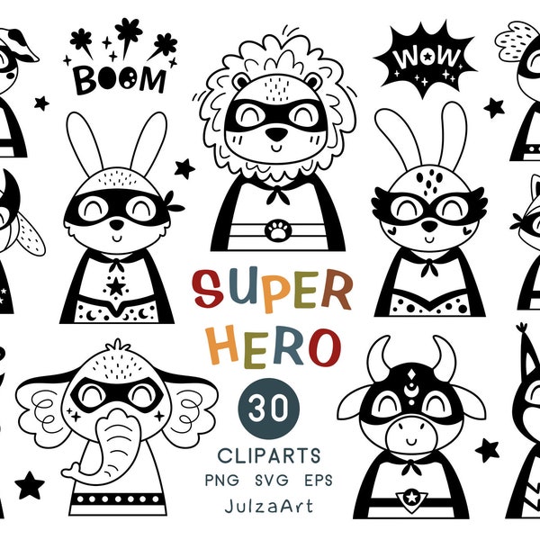 Superhero svg, Animal Superhero clipart, Cute animals svg, Black and white Super hero png, Baby shower, Digital download, Commercial use