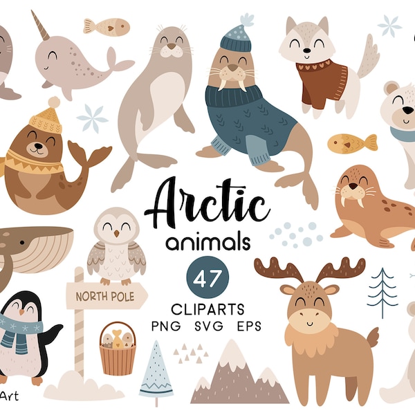 Arctic animals clipart, Polar animals svg, Winter clipart, Baby animals, Baby shower, North pole clip art, Digital download, Commercial use