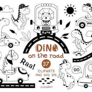 Dinosaurier Clipart, Dinosaurier svg, schwarz-weiße Dinosaurier png, niedlicher Dinosaurier-Fahrer, Dinosaurier-Babyparty, digitaler Download, kommerzielle Nutzung