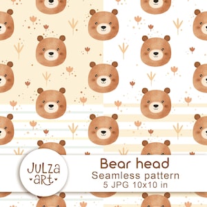 Modèle sans couture d'ours aquarelle Papier numérique Motif tête d'ours Papier visage d'ours Papier de scrapbooking pour chambre d'enfant Téléchargement numérique