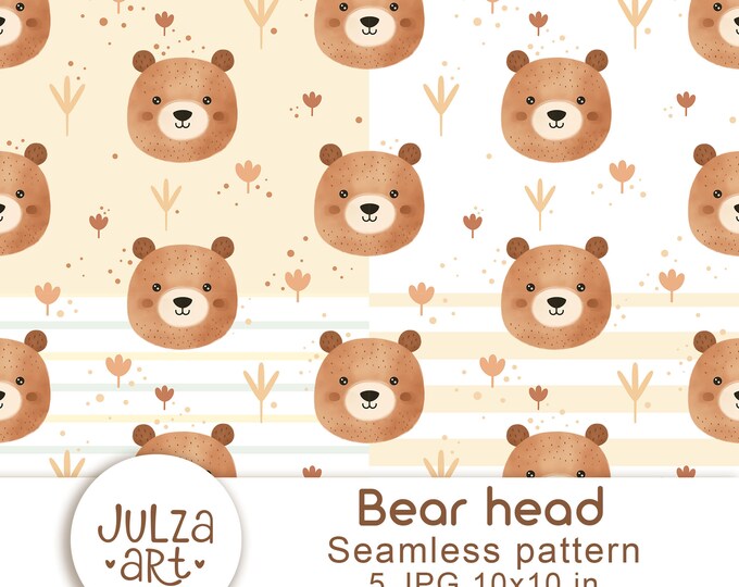 Watercolor Bear Seamless Pattern Cute Bear Digital Paper Bear Head ...