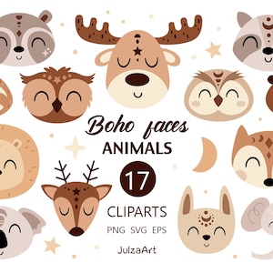 Boho Tier Gesichter Clipart, Baby Tier svg, Waldtierkopf Png, Pastell Tiergesicht Dekor, digitaler Download, kommerzielle Nutzung