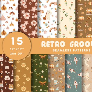 Modello senza cuciture per neonati retrò, carta digitale Groovy, stampe floreali retrò, scrapbooking di animali hippie boho, download digitale, uso commerciale
