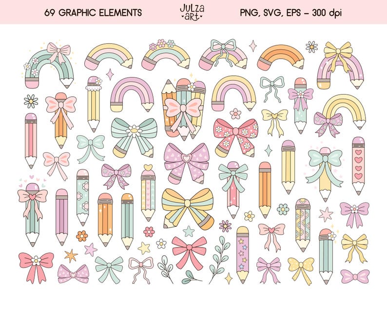 May include: A set of 69 pastel graphic elements featuring pencils, bows, and rainbows. The pencils are decorated with bows and floral designs. The image includes the text "69 GRAPHIC ELEMENTS" and "Julza art."
