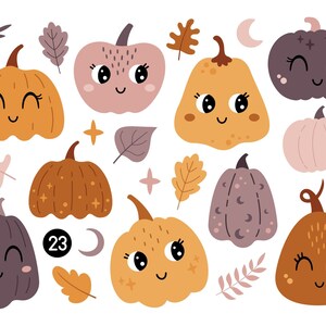 May include: A set of 10 cute cartoon pumpkins with different colors and patterns. The pumpkins have smiling faces and big eyes. There are also some leaves and stars in the image.