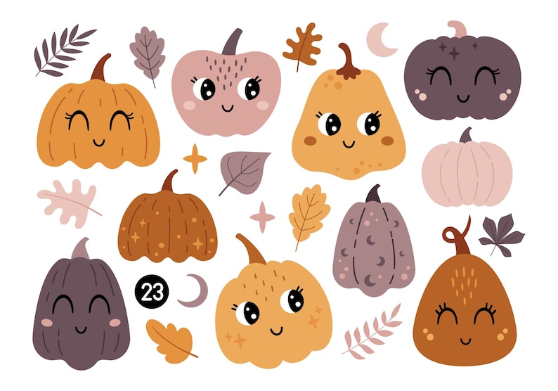 May include: A set of 10 cute cartoon pumpkins with different colors and patterns. The pumpkins have smiling faces and big eyes. There are also some leaves and stars in the image.