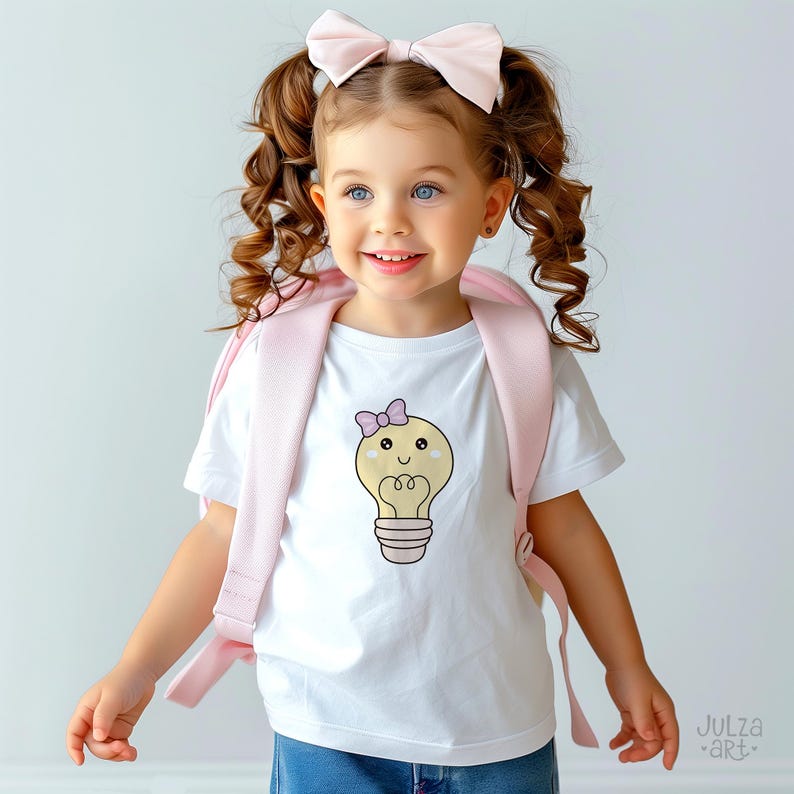 May include: A young child wearing a white t-shirt with a cartoon lightbulb design and a pink bow. The child is also wearing a pink backpack and a matching bow in their hair. The image has the text "Julza art" in the bottom right corner.