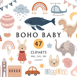 Boho baby svg, boho clipart, boho dieren illustraties, babyshower, pasgeboren baby png, genderneutraal, kwekerij afdrukbare, commercieel gebruik