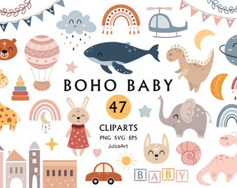 Boho baby svg, Bohemian clipart, Boho animals clip art, Baby shower, Newborn baby png, Gender neutral, Nursery printable, Commercial use