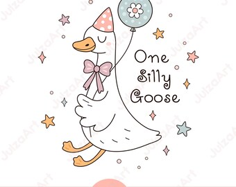 One Silly Goose SVG, Silly Goose Birthday PNG, 1st Birthday Goose PNG, Retro Groovy Goose Clipart, Trending Goose Design, Funny Goose print